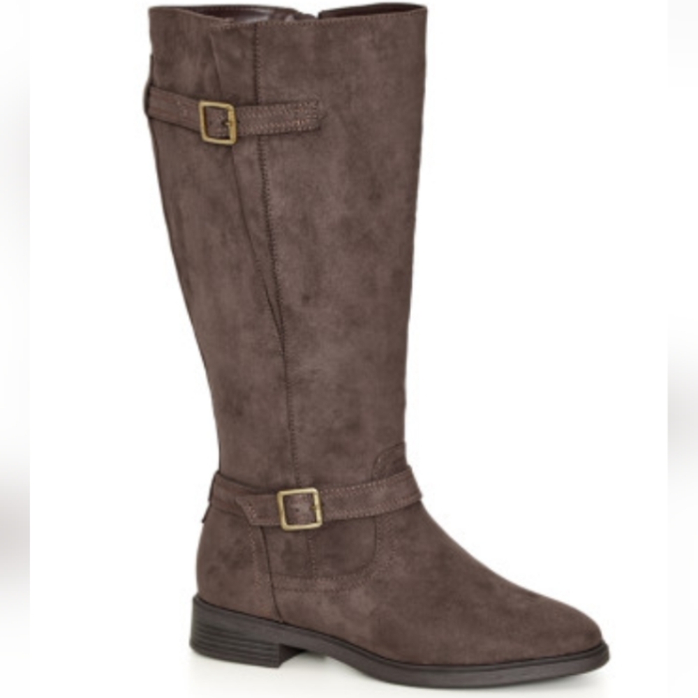 Knee-High Suede Buckle Boots in Dark Brown